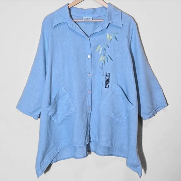 Odile Linen Blue Button Up Top Asian Artsy Size M Asymmetric Lagenlook - Picture 16 of 16